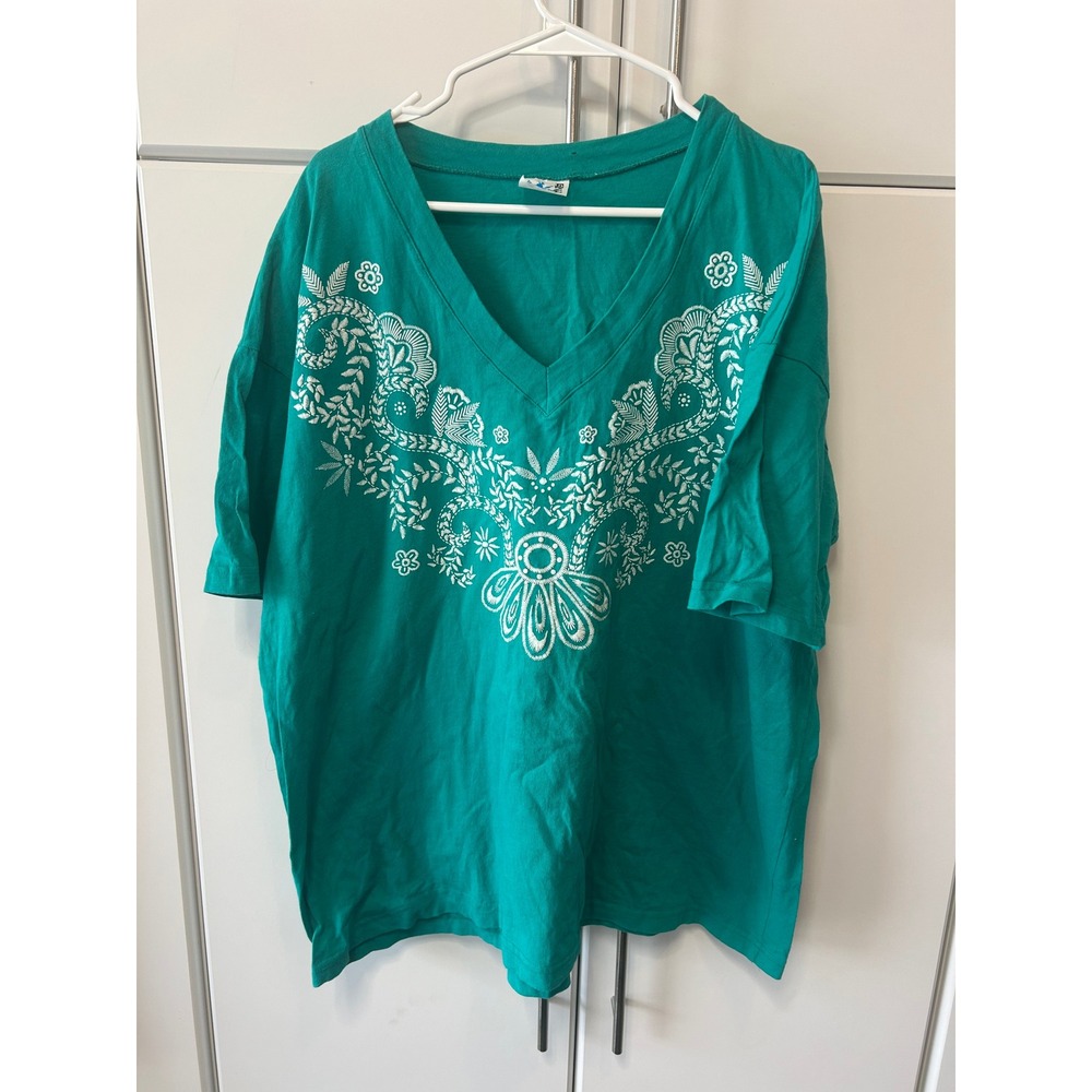 Vintage Esprit Teal Green Embroidered V-Neck T-Shirt 90s Made in USA Boho Floral